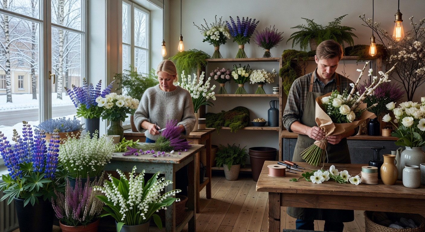 Beautiful boutique flower shop interior with fresh blooms and florists working