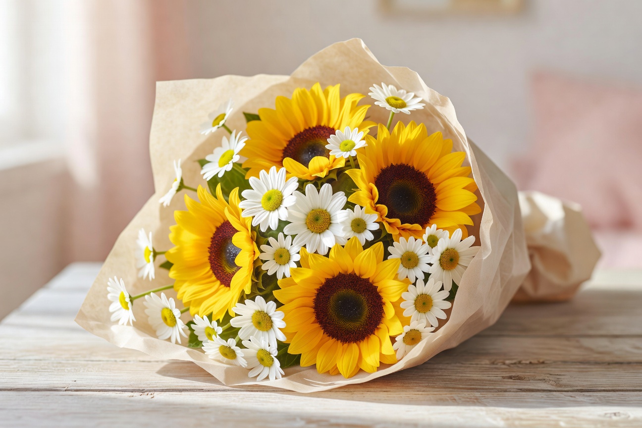 Bright and sunny yellow sunflower bouquet wrapped in craft paper