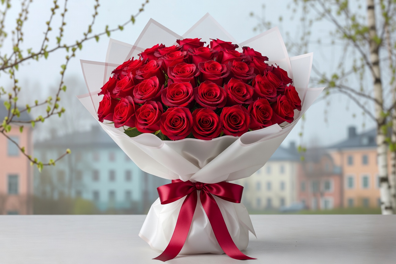 Classic red rose bouquet wrapped with ribbon