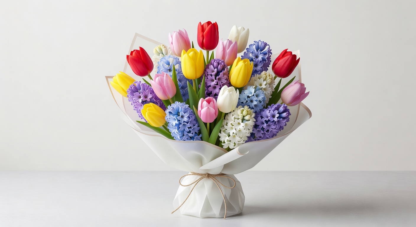 Colorful spring mix bouquet featuring tulips and hyacinths