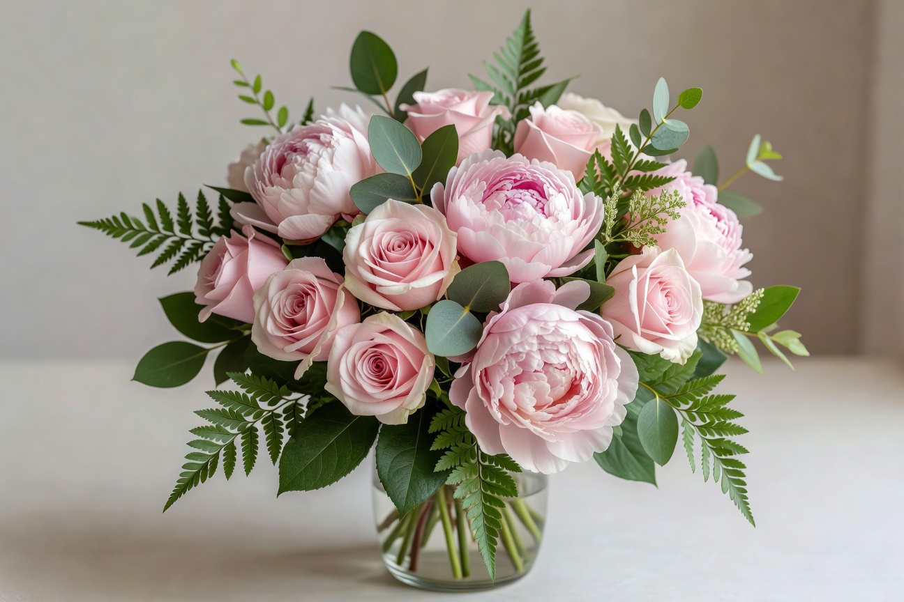 Elegant pink rose and peony mixed bouquet in a soft lighting