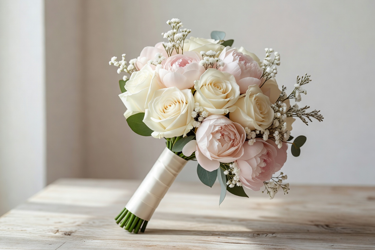 Elegant white and blush wedding bouquet