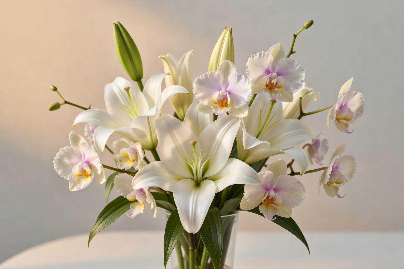 Pure white lily and orchid elegant bouquet arrangement
