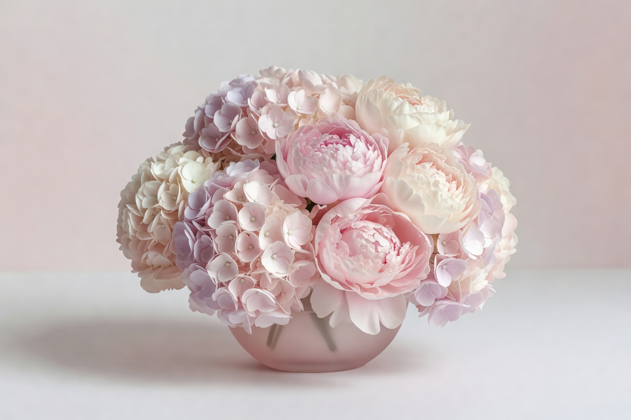Soft pastel hydrangea and peony arrangement