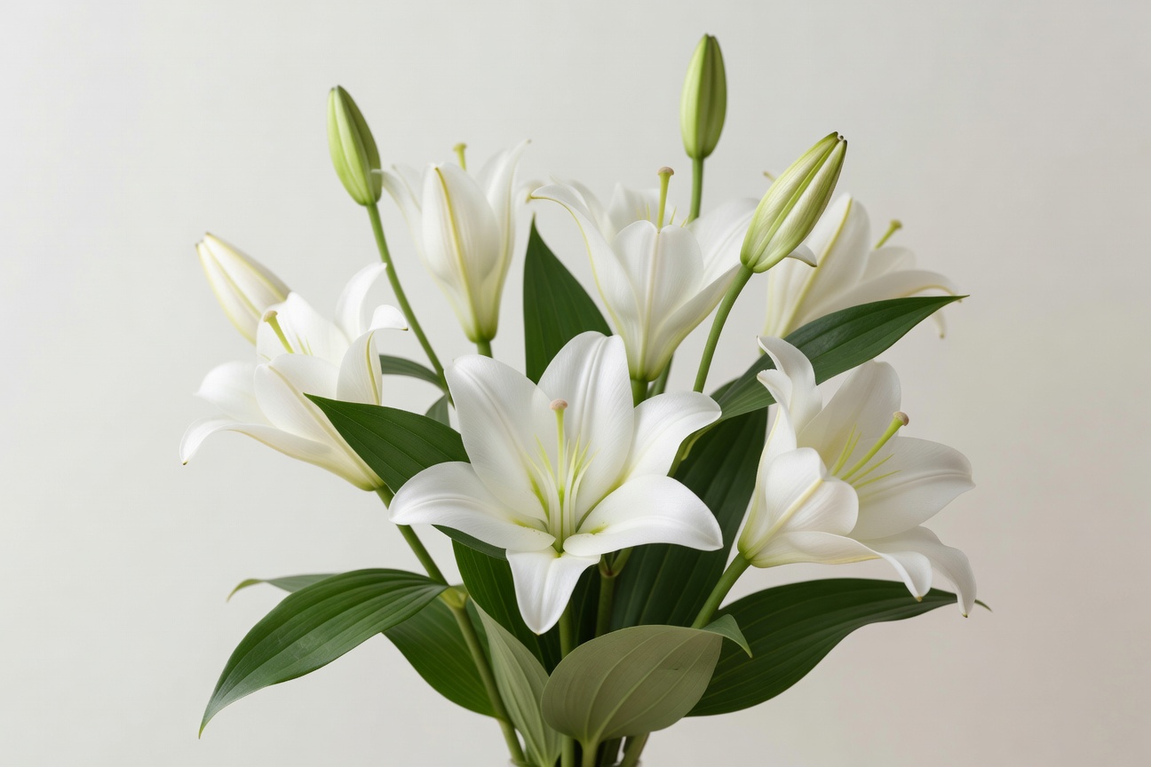 White sympathy lilies and serene green leaves